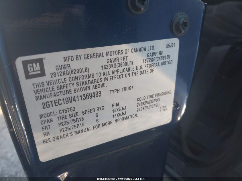 2001 GMC Sierra 1500 Sle VIN: 2GTEC19V411369483 Lot: 43887630