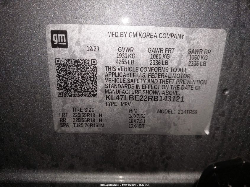 2024 Buick Envista Sport Touring Fwd VIN: KL47LBE22RB143121 Lot: 43887635