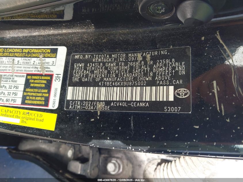 2009 Toyota Camry Le VIN: 4T1BE46KX9U875002 Lot: 43887639