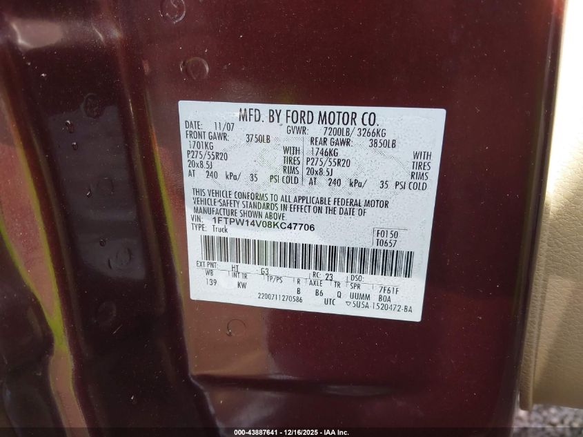 2008 Ford F-150 60Th Anniversary/Fx4/King Ranch/Lariat/Xlt VIN: 1FTPW14V08KC47706 Lot: 43887641