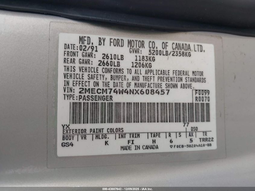 1992 Mercury Grand Marquis Gs VIN: 2MECM74W4NX608457 Lot: 43887643