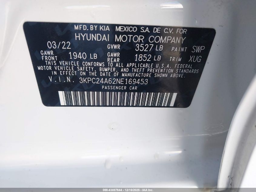 2022 Hyundai Accent Se VIN: 3KPC24A62NE169453 Lot: 43887644