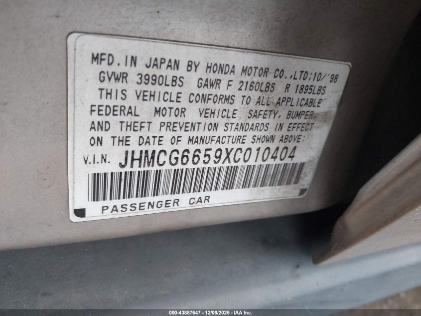 1999 Honda Accord Lx VIN: JHMCG6659XC010404 Lot: 43887647