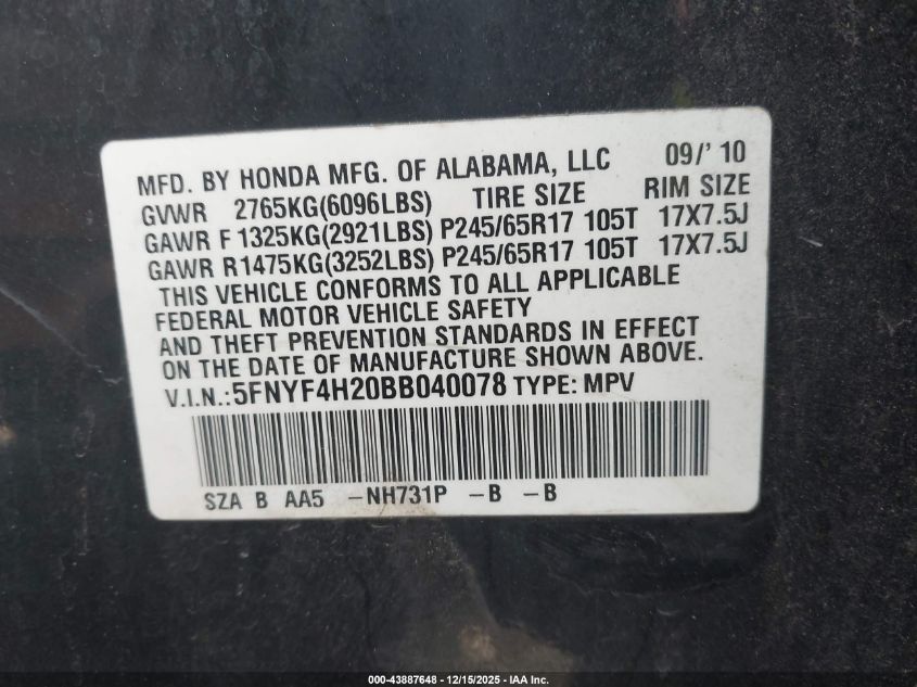 2011 Honda Pilot Lx VIN: 5FNYF4H20BB040078 Lot: 43887648