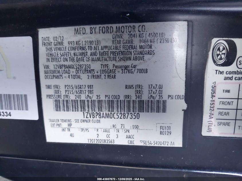 2012 Ford Mustang V6 Premium VIN: 1ZVBP8AM0C5287350 Lot: 43887670