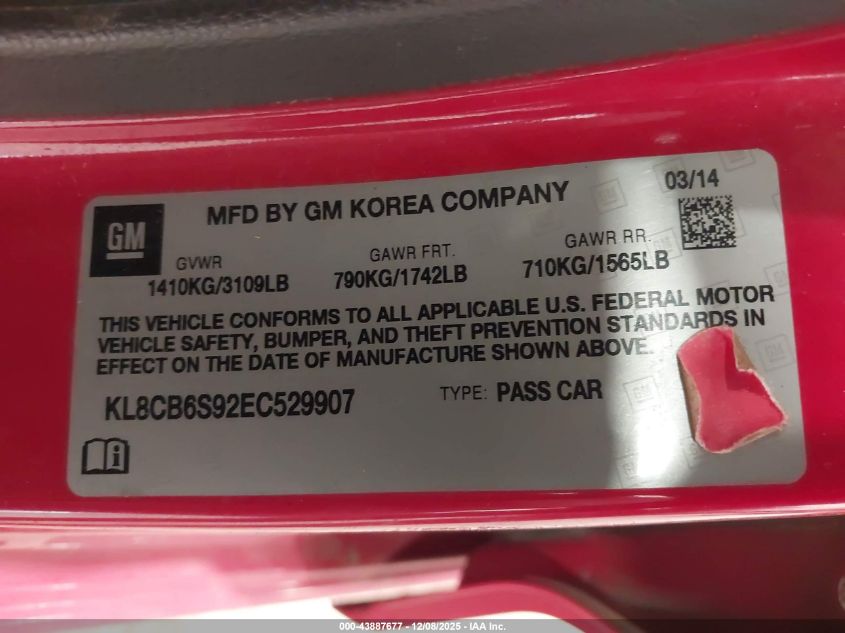 2014 Chevrolet Spark Ls Auto VIN: KL8CB6S92EC529907 Lot: 43887677