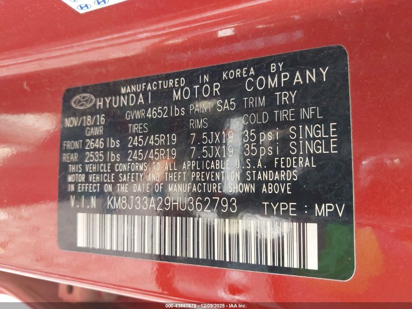2017 Hyundai Tucson Sport VIN: KM8J33A29HU362793 Lot: 43887678