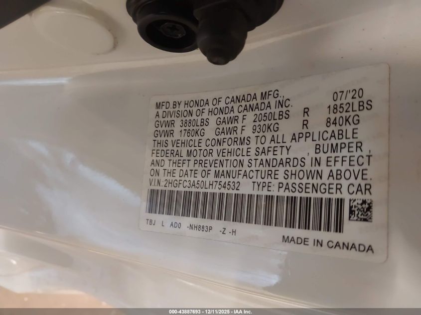 2020 Honda Civic Si Coupe VIN: 2HGFC3A50LH754532 Lot: 43887693