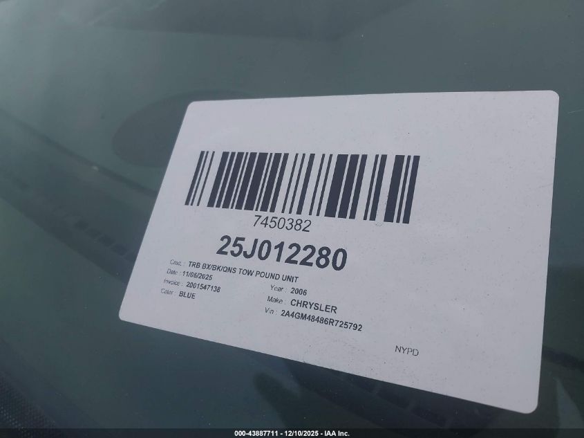 2006 Chrysler Pacifica VIN: 2A4GM48486R725792 Lot: 43887711