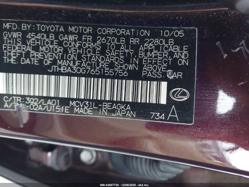 2006 Lexus Es 330 VIN: JTHBA30G765155756 Lot: 43887730