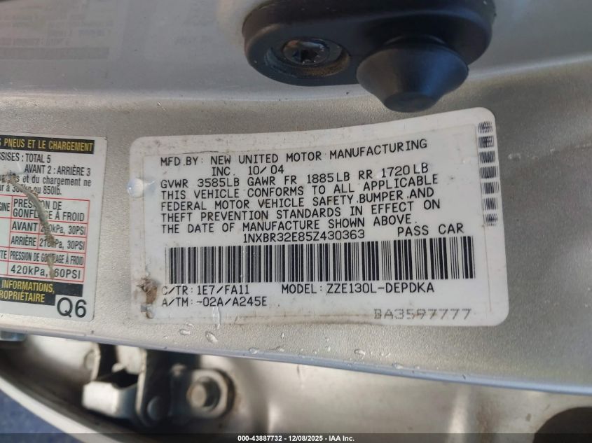 2005 Toyota Corolla Ce VIN: 1NXBR32E85Z430363 Lot: 43887732