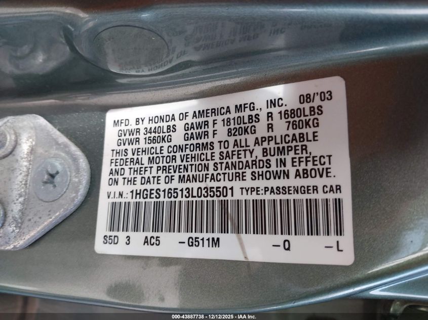 2003 Honda Civic Lx VIN: 1HGES16513L035501 Lot: 43887738