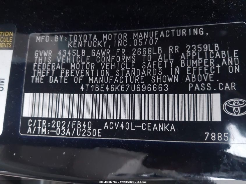 2007 Toyota Camry Le VIN: 4T1BE46K67U696663 Lot: 43887762