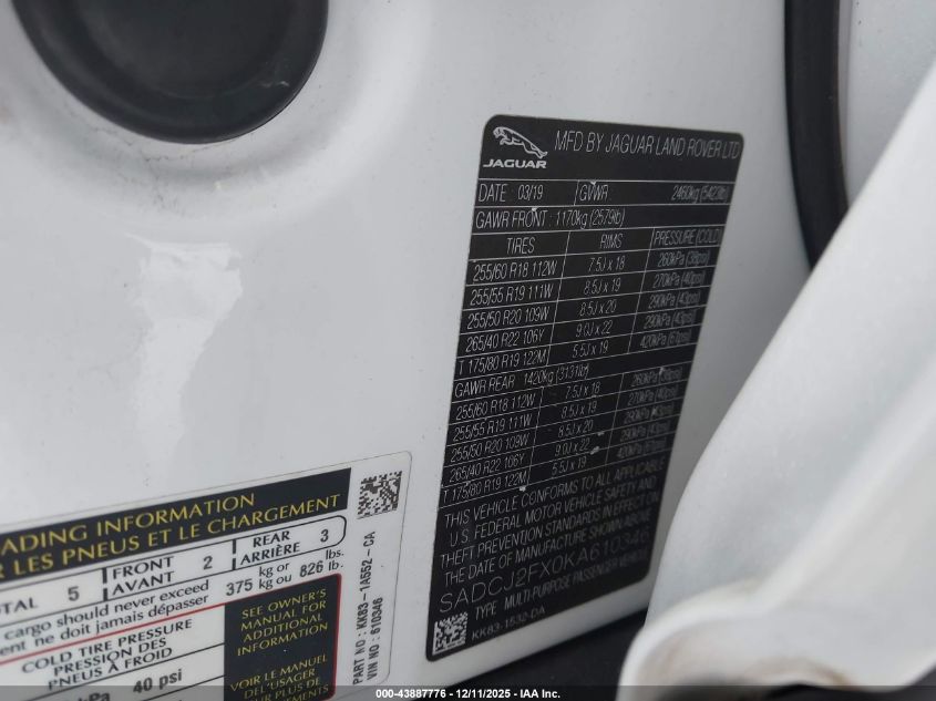 2019 Jaguar F-Pace 25T Premium VIN: SADCJ2FX0KA610346 Lot: 43887776