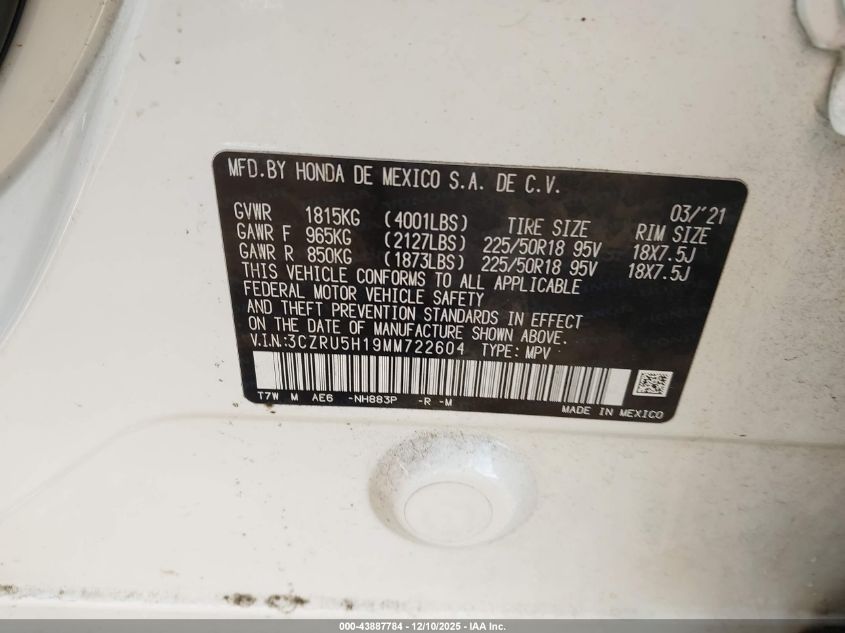 2021 Honda Hr-V 2Wd Sport VIN: 3CZRU5H19MM722604 Lot: 43887784
