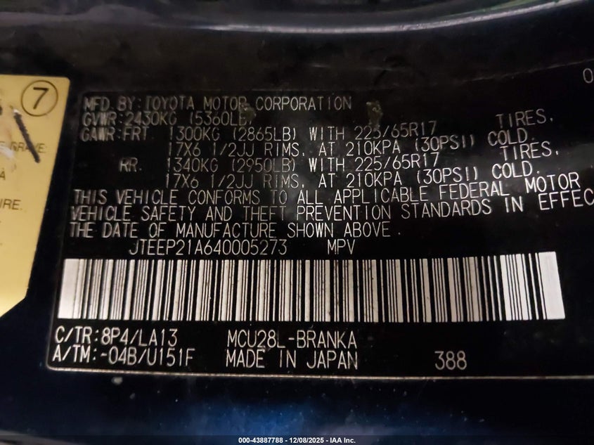 JTEEP21A640005273 2004 TOYOTA HIGHLANDER photo no. 9