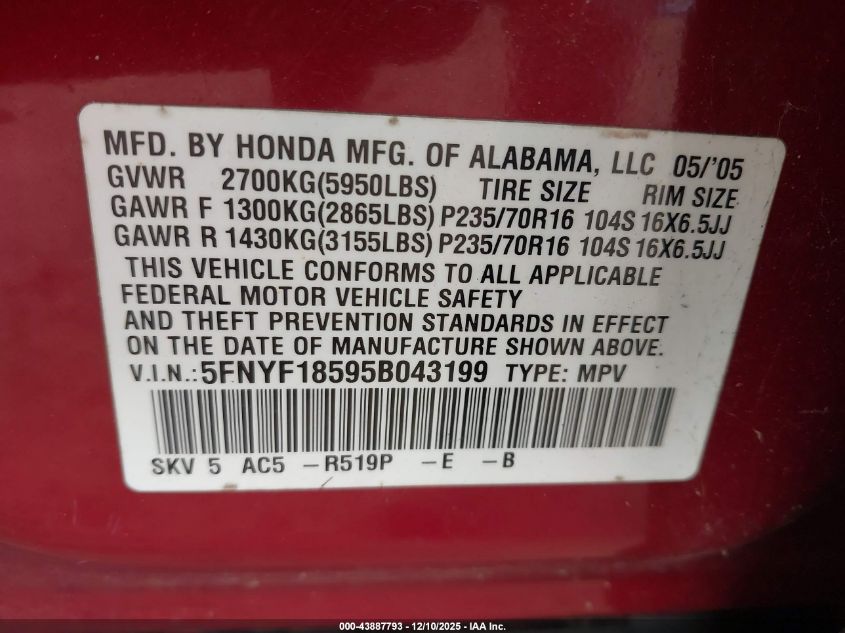 2005 Honda Pilot Ex-L VIN: 5FNYF18595B043199 Lot: 43887793