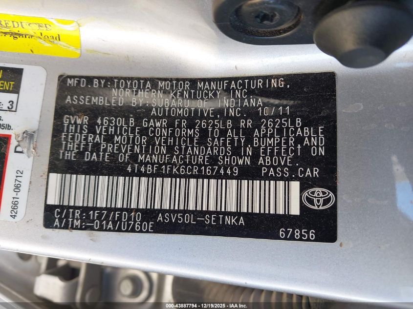 2012 Toyota Camry Le VIN: 4T4BF1FK6CR167449 Lot: 43887794