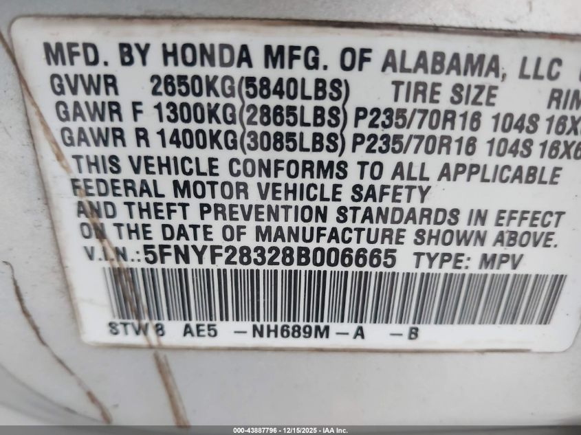 2008 Honda Pilot Se VIN: 5FNYF28328B006665 Lot: 43887796