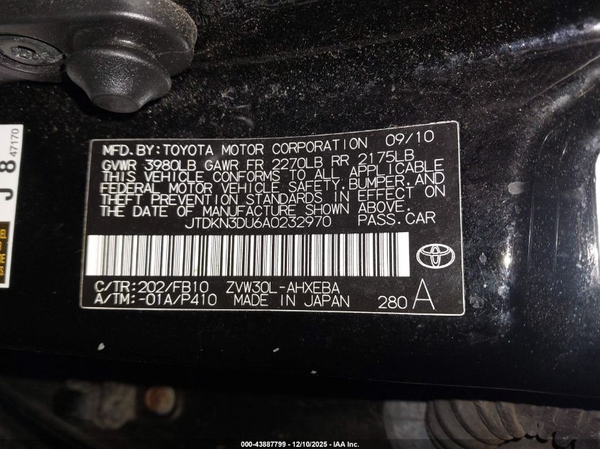 2010 Toyota Prius Iii VIN: JTDKN3DU6A0232970 Lot: 43887799