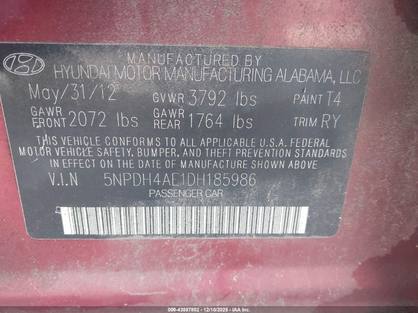 2013 Hyundai Elantra Limited VIN: 5NPDH4AE1DH185986 Lot: 43887802