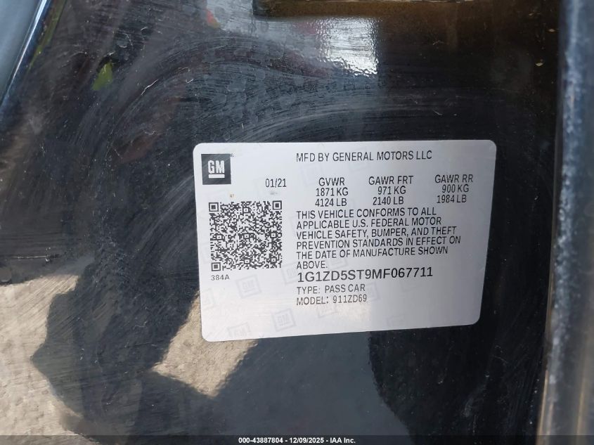 2021 Chevrolet Malibu Fwd Lt VIN: 1G1ZD5ST9MF067711 Lot: 43887804