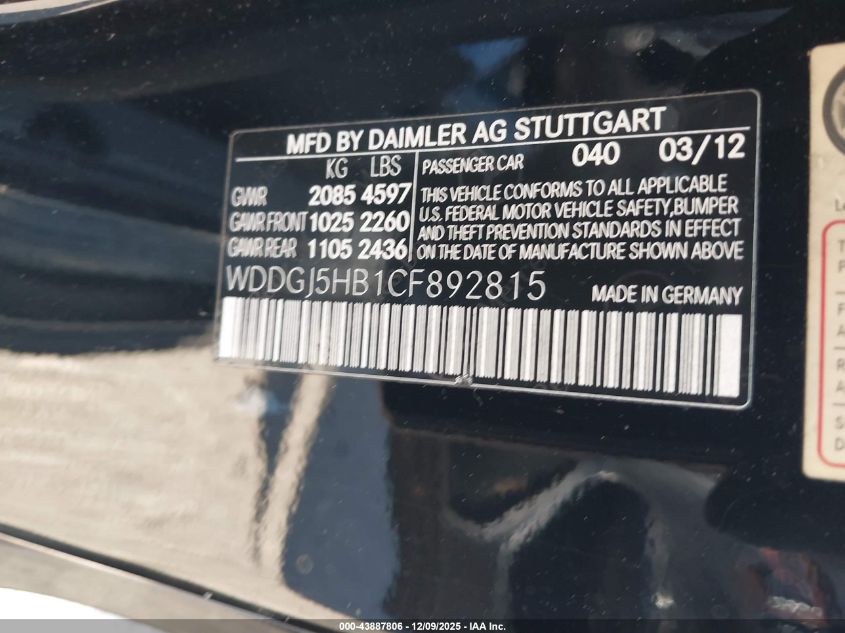 2012 Mercedes-Benz C 350 Sport VIN: WDDGJ5HB1CF892815 Lot: 43887806