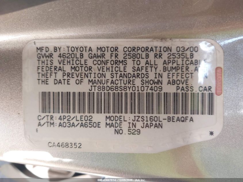 2000 Lexus Gs 300 VIN: JT8BD68S8Y0107409 Lot: 43887814