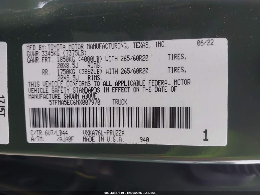 2022 Toyota Tundra 1794 Edition VIN: 5TFMA5EC6NX007970 Lot: 43887819