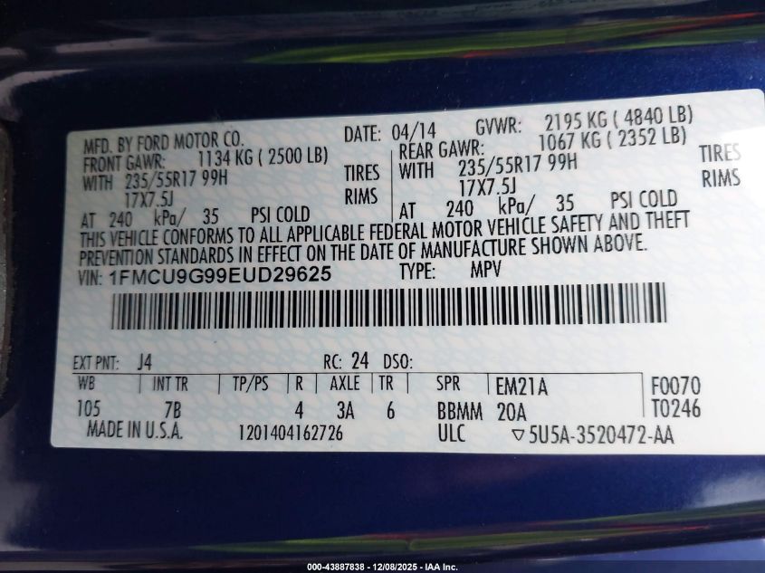 2014 Ford Escape Se VIN: 1FMCU9G99EUD29625 Lot: 43887838