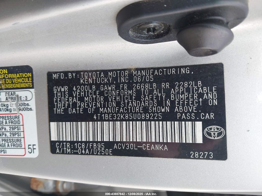 2005 Toyota Camry Le VIN: 4T1BE32K85U089225 Lot: 43887842