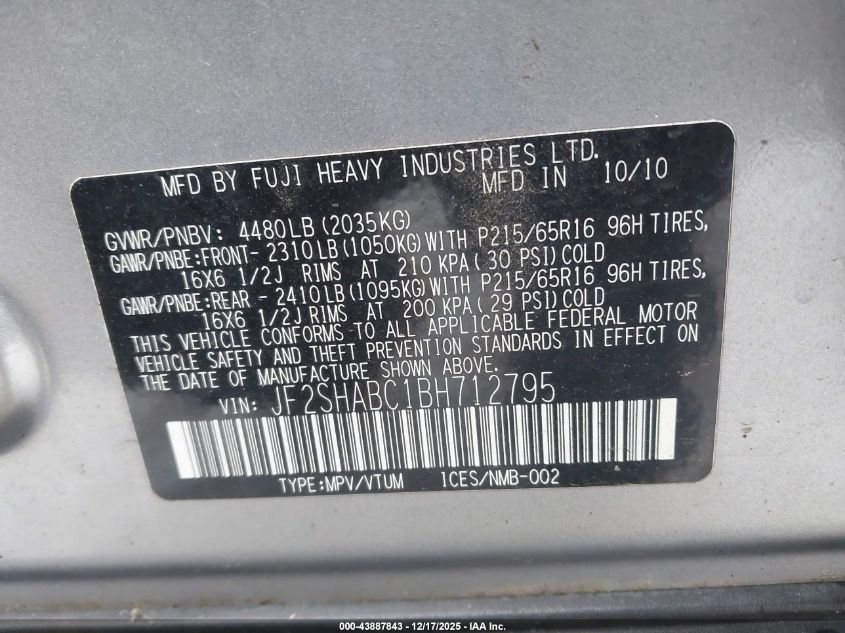 2011 Subaru Forester 2.5X VIN: JF2SHABC1BH712795 Lot: 43887843