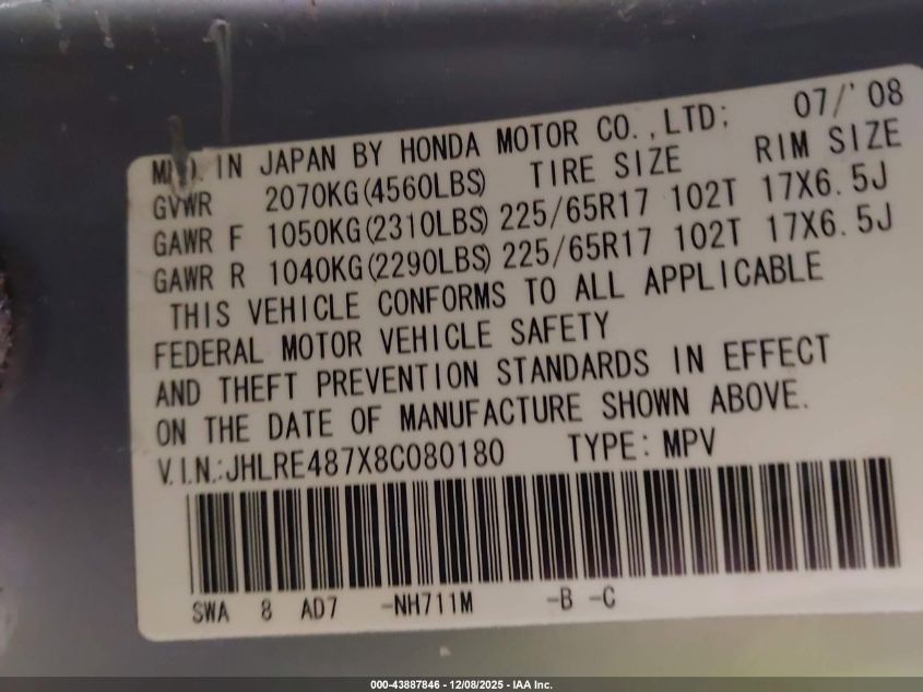 2008 Honda Cr-V Ex-L VIN: JHLRE487X8C080180 Lot: 43887846