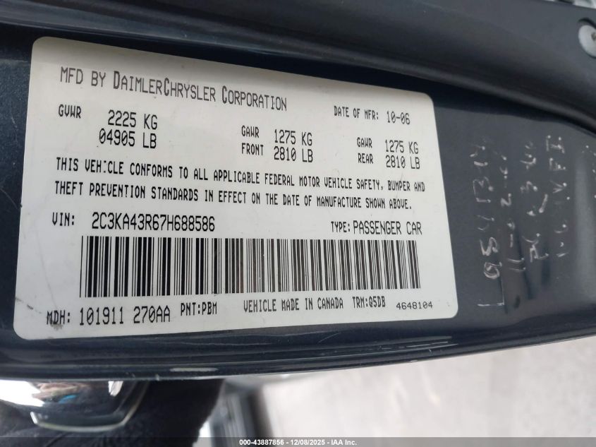 2007 Chrysler 300 VIN: 2C3KA43R67H688586 Lot: 43887856