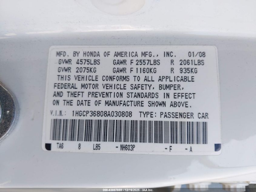 2008 Honda Accord 3.5 Ex-L VIN: 1HGCP36808A030808 Lot: 43887859