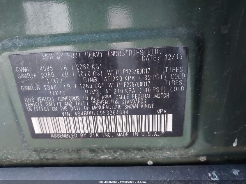 2014 Subaru Outback 2.5I Limited VIN: 4S4BRBLC9E3264884 Lot: 43887869