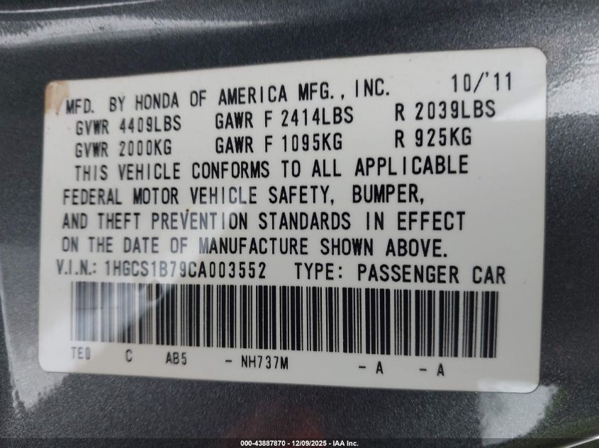 2012 Honda Accord 2.4 Ex VIN: 1HGCS1B79CA003552 Lot: 43887870