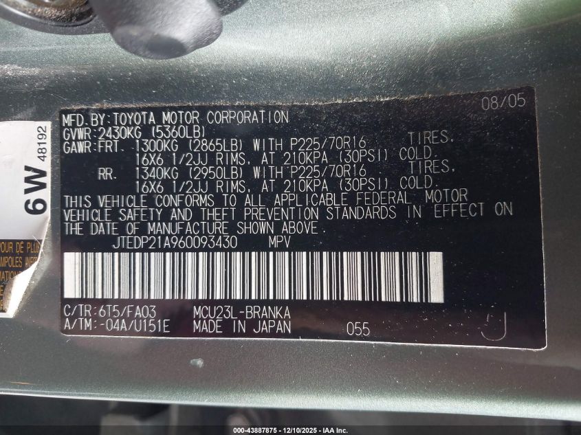 2006 Toyota Highlander V6 VIN: JTEDP21A960093430 Lot: 43887875