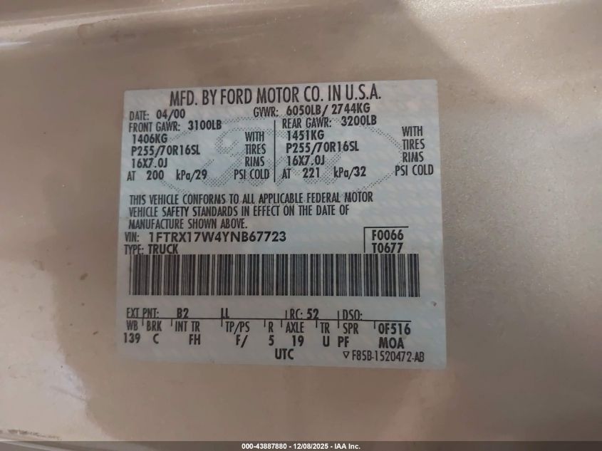 2000 Ford F-150 Lariat/Work Series/Xl/Xlt VIN: 1FTRX17W4YNB67723 Lot: 43887880