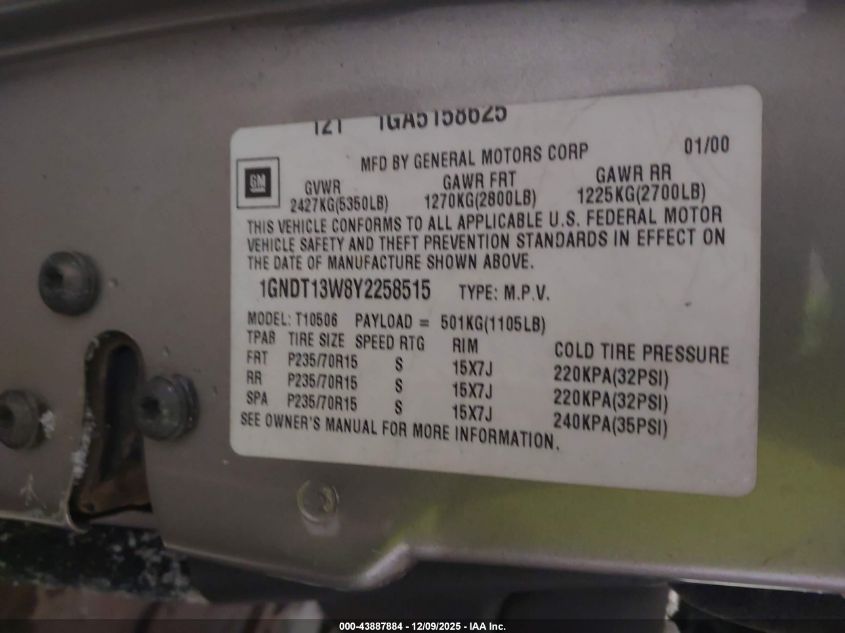 2000 Chevrolet Blazer Lt VIN: 1GNDT13W8Y2258515 Lot: 43887884