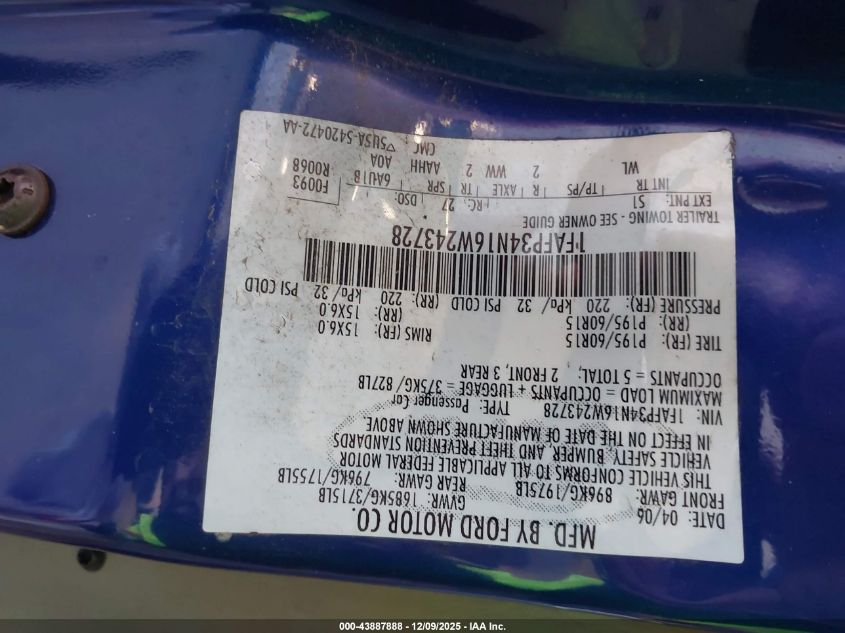 2006 Ford Focus Zx4 VIN: 1FAFP34N16W243728 Lot: 43887888