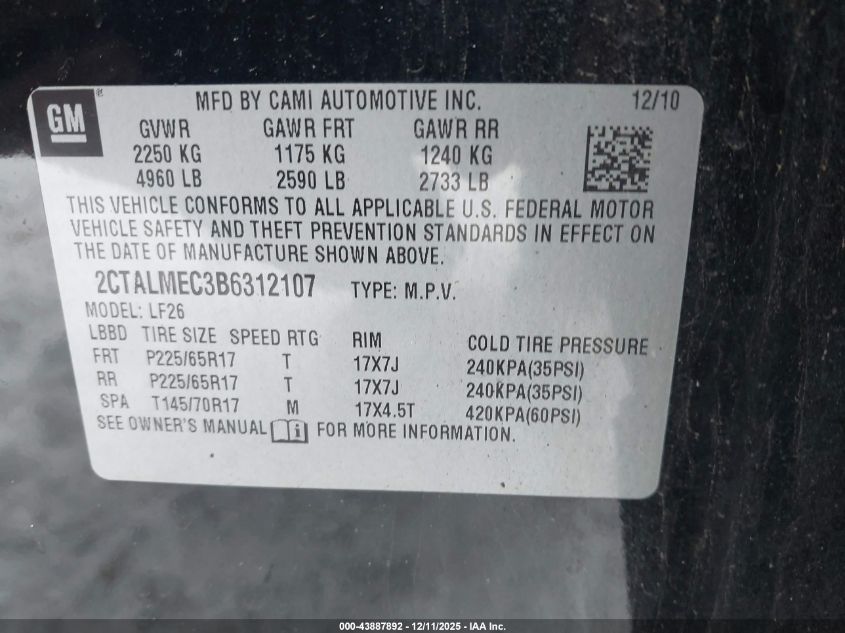 2011 GMC Terrain Sle-1 VIN: 2CTALMEC3B6312107 Lot: 43887892