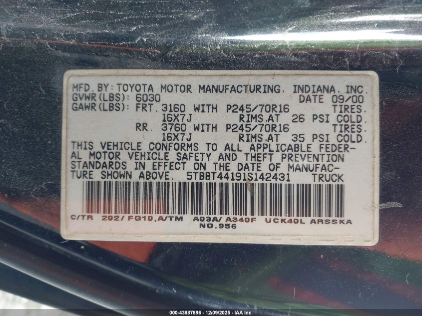 2001 Toyota Tundra Sr5 V8 VIN: 5TBBT44191S142431 Lot: 43887896