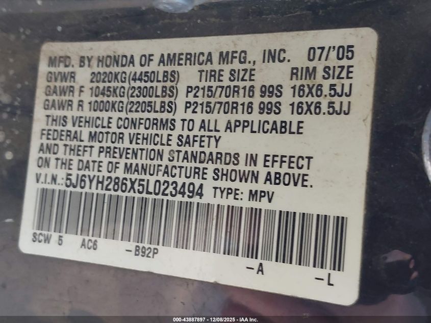 2005 Honda Element Ex VIN: 5J6YH286X5L023494 Lot: 43887897