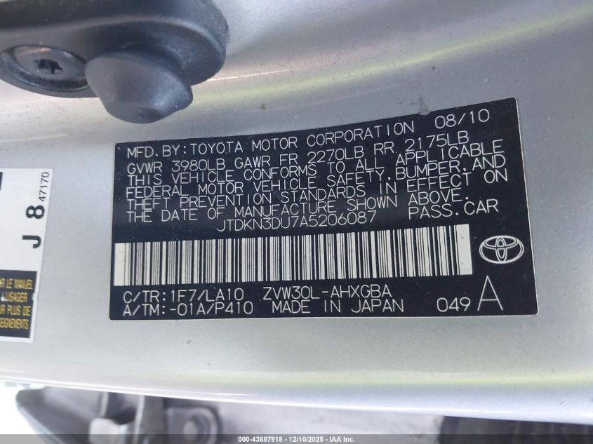 2010 Toyota Prius Iv VIN: JTDKN3DU7A5206087 Lot: 43887918