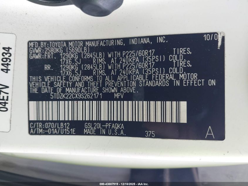 2009 Toyota Sienna Limited VIN: 5TDZK22CX9S262171 Lot: 43887919