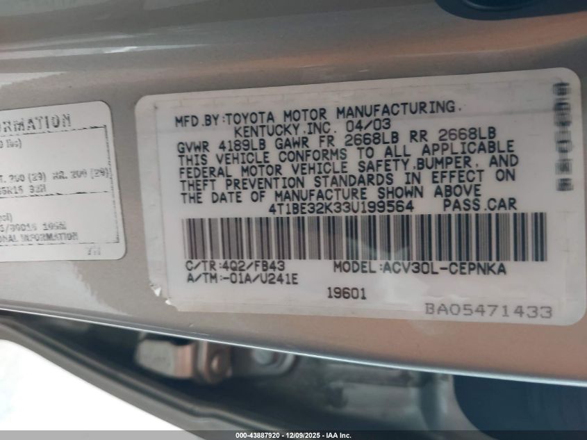 2003 Toyota Camry Le VIN: 4T1BE32K33U199564 Lot: 43887920