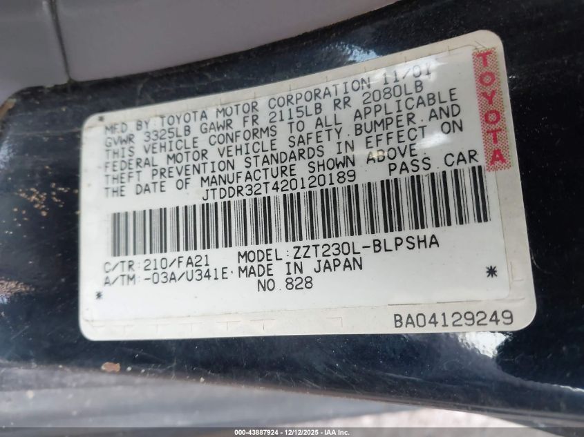 2002 Toyota Celica Gt VIN: JTDDR32T420120189 Lot: 43887924