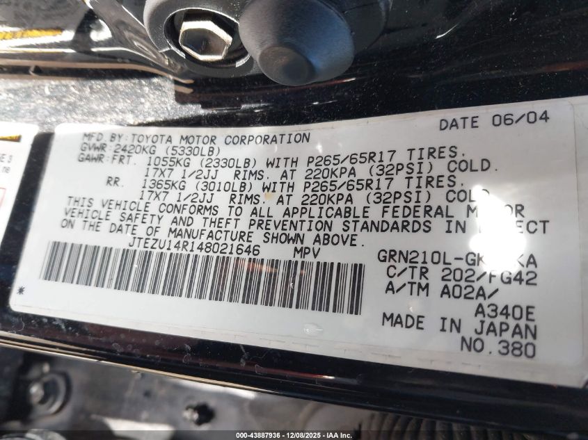 2004 Toyota 4Runner Sr5 V6 VIN: JTEZU14R148021646 Lot: 43887936