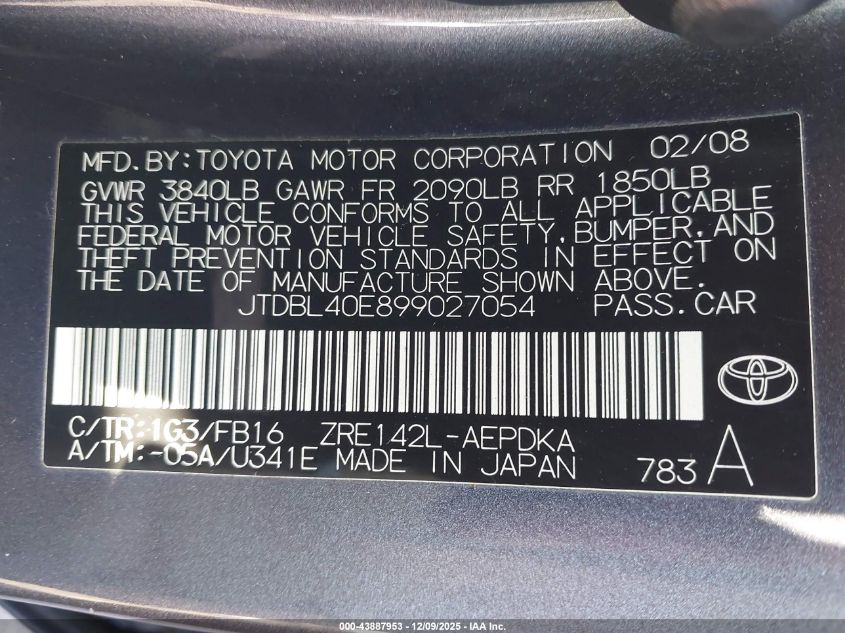 2009 Toyota Corolla Le VIN: JTDBL40E899027054 Lot: 43887953